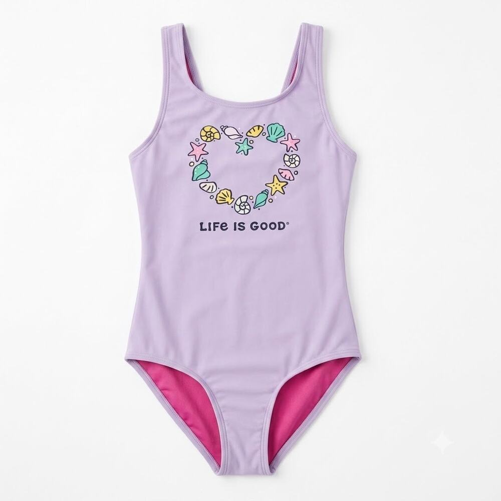 LIFE IS GOOD Swim Seashell One Piece Swimsuit Purple Strappy Youth Girls 10